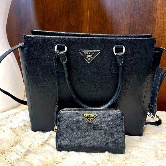 Prada Handbags - Prada Saffiano bag and wallet as new. 2 way to wear it!